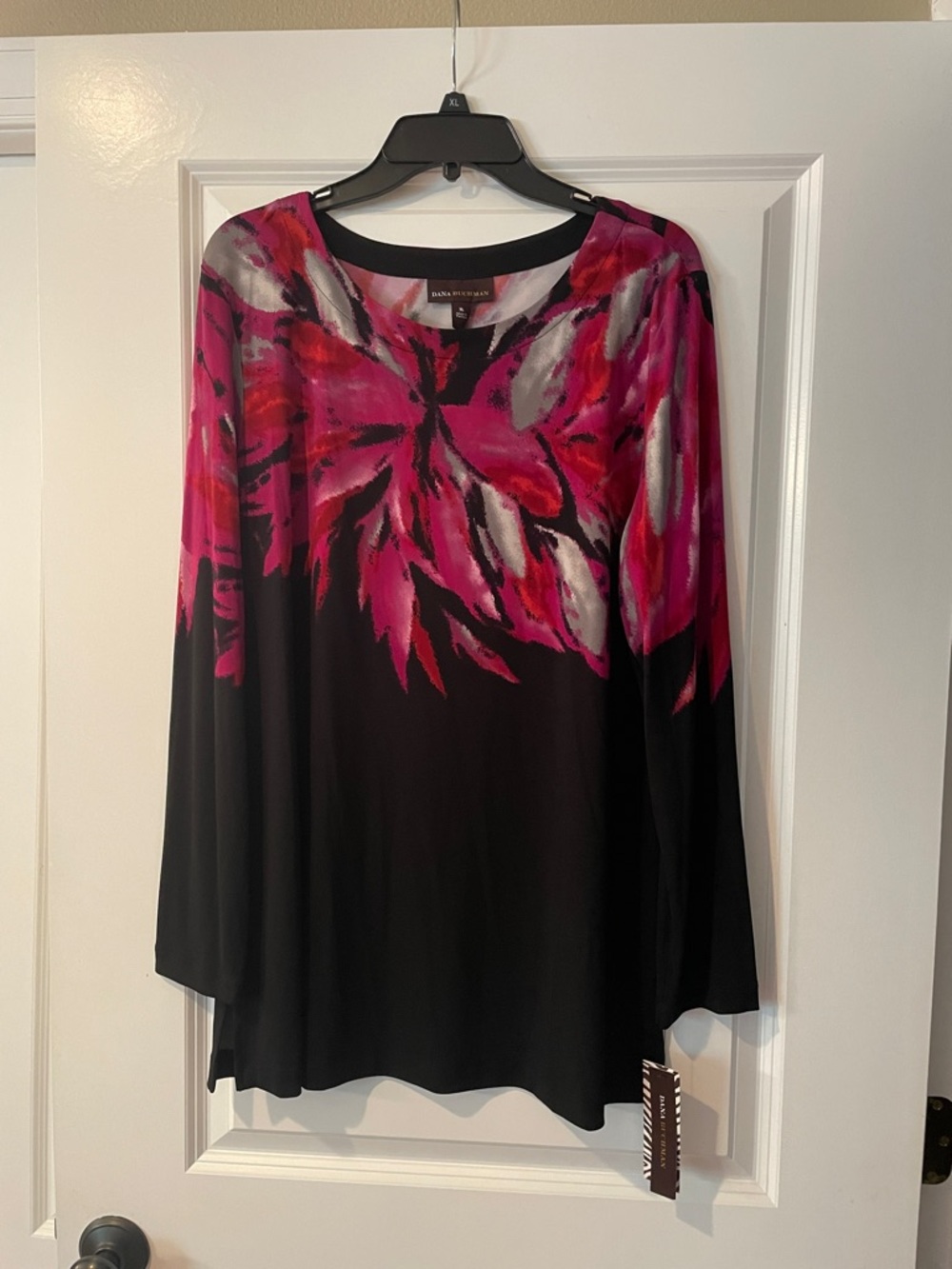 Dana Buchman Black Long-Sleeve Top with Pink Floral Accent
